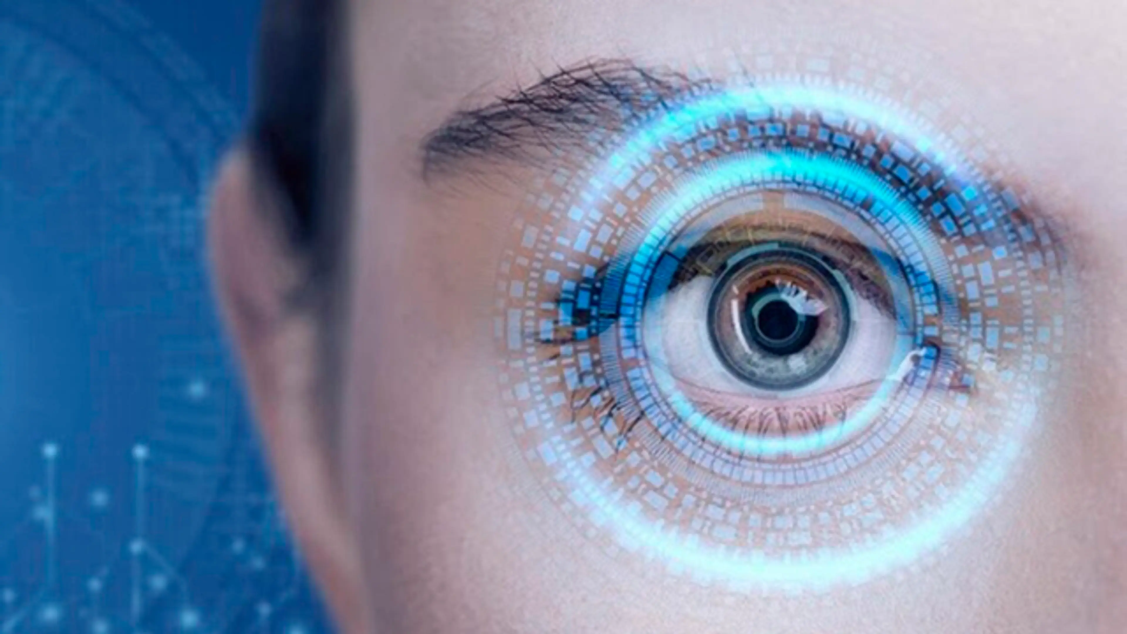 Futuristic biometric eye scan with digital interface overlay