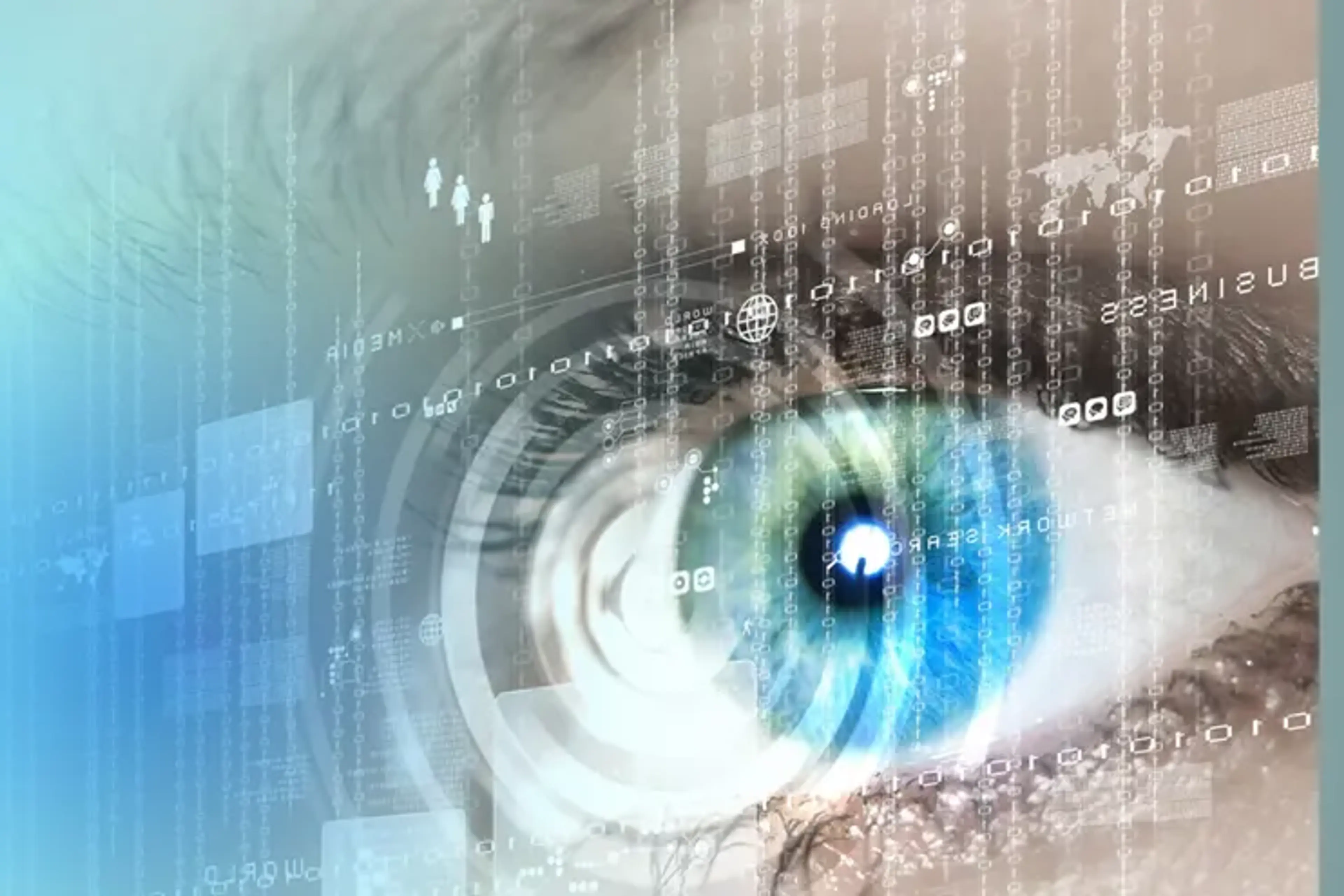 Close up eye illustration representing vision loss from cataracts and advanced technology driven cataract surgery care to restore clear vision