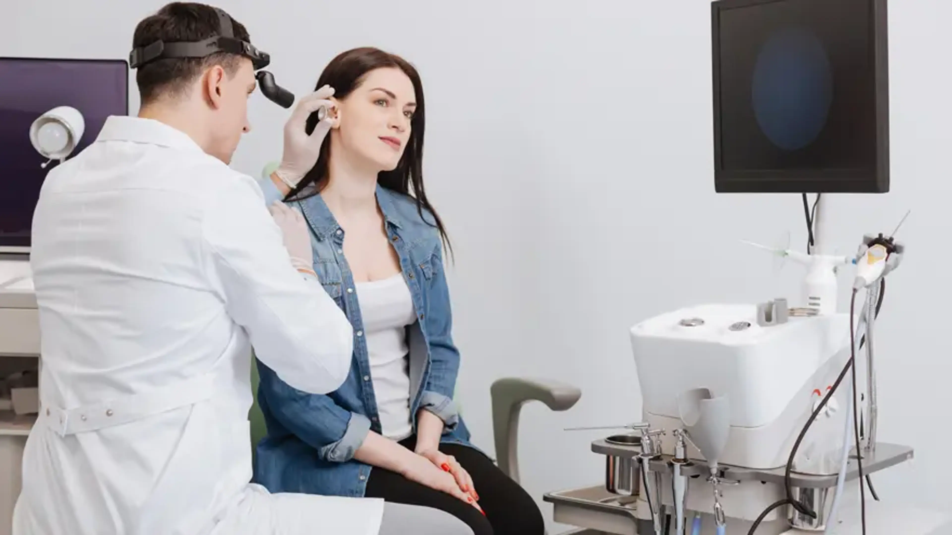 ENT doctor examining a female patient’s ear using an otoscope in a clinic for allergies, rhinitis, and cold treatment.